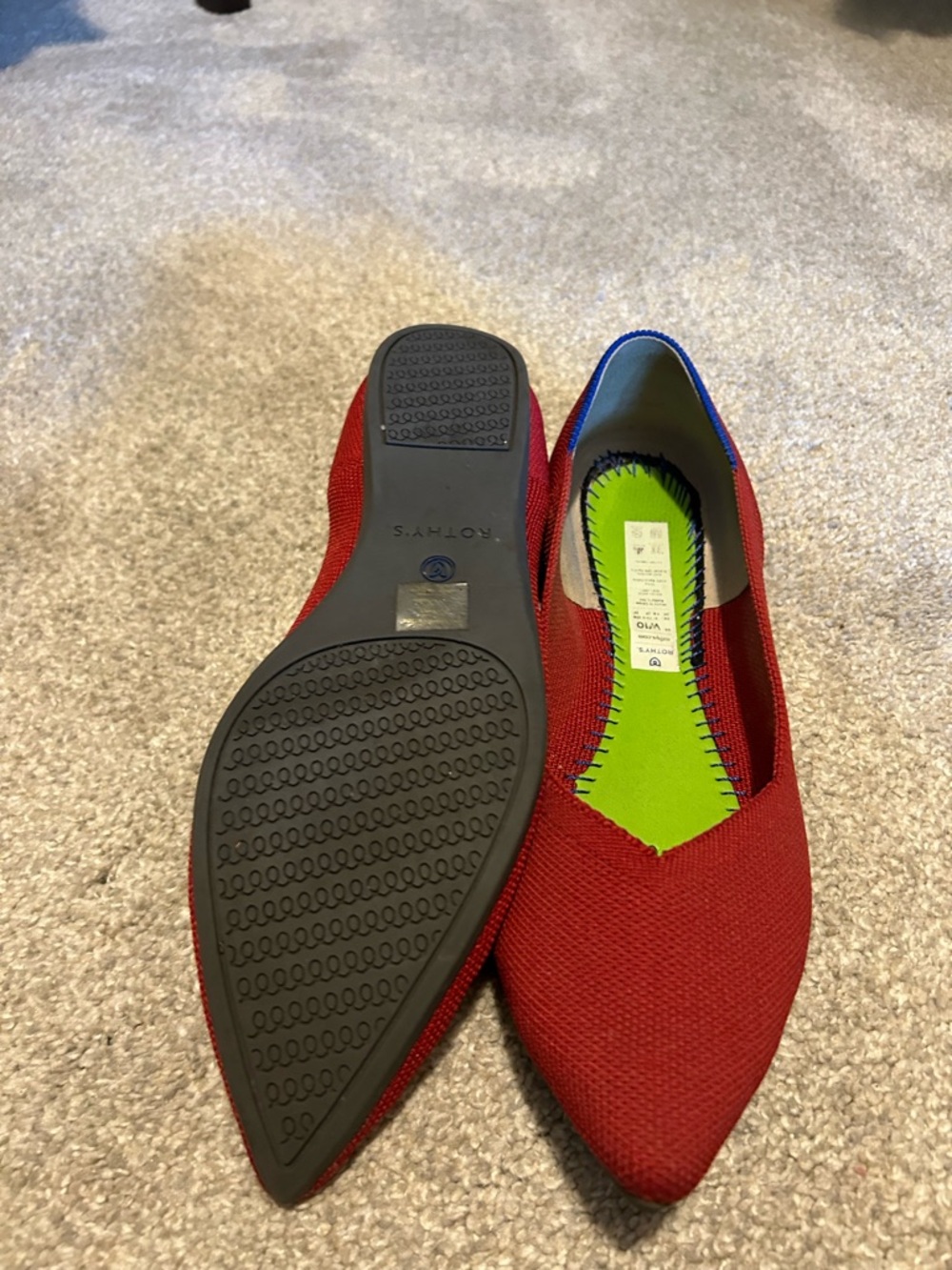 Rothy's Pointed Red Knit Ballet Flats with Blue Accent - Picture 5 of 5
